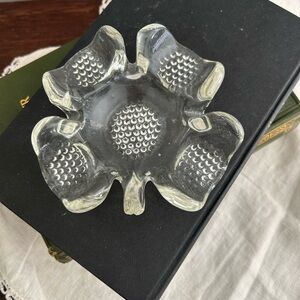 Clear Glass 4 Leaf Clover Shamrock Trinket Dish AshTray Waffle Bottom 5”